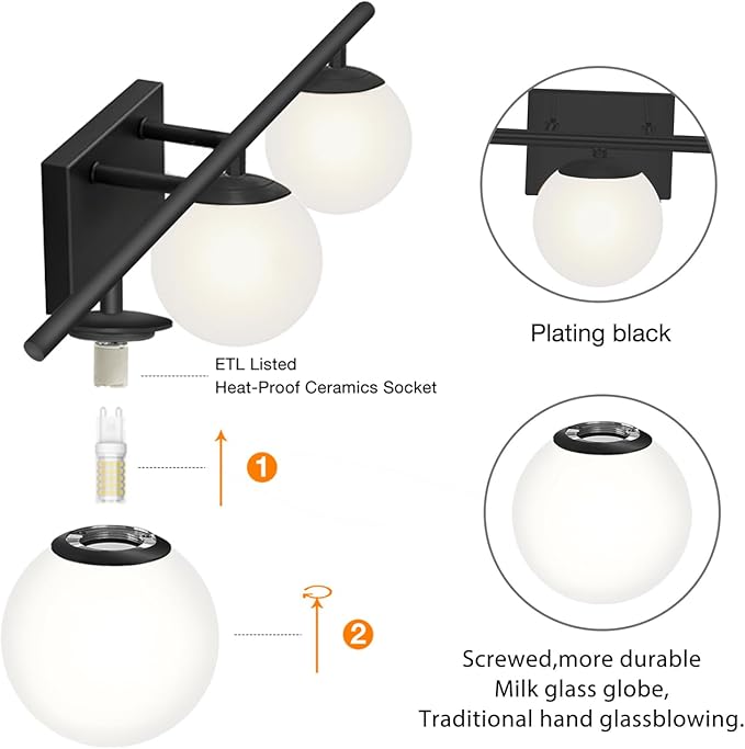 New Bathroom Vanity Light Fixtures Brushed Bronze Milk White Globe Glass Shade Modern Wall Bar Sconce Over Mirror (Black, 3 light-24inch-G9)