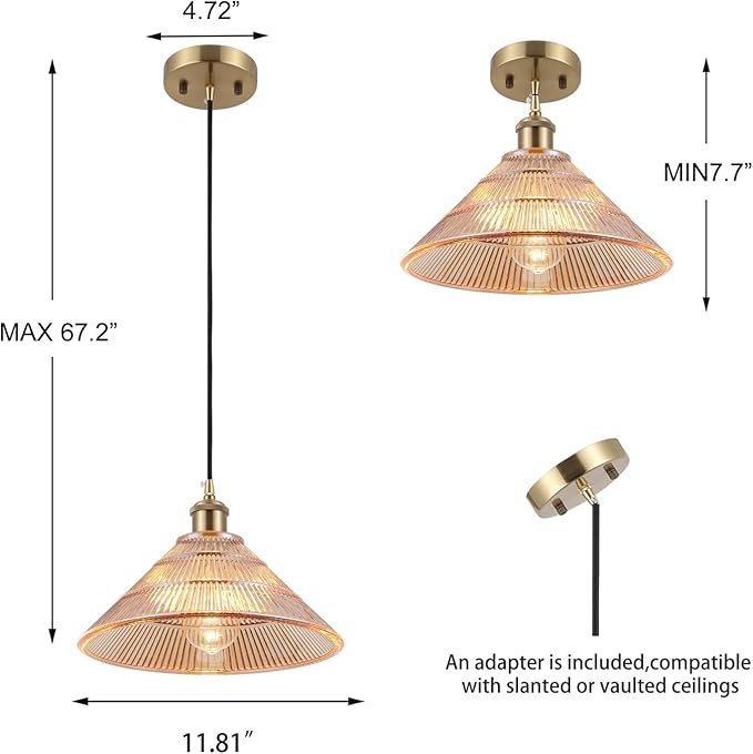 Modern Kitchen Island Pendant Light 11.81 Inches Amber Striped Glass Shades Brushed Brass Gold Large Hanging Lamp Dining Room Farmhouse Adjustable Ceiling Hanging Light Fixture Bedroom Hallway