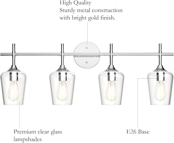 Ralbay Chrome Bathroom Vanity Light - 4 Light Industrial Farmhouse Style, Clear Glass, Over Mirror