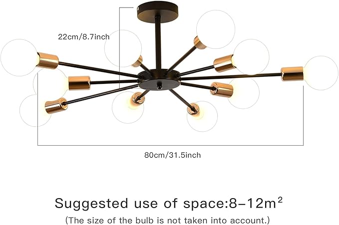 10-Light Semi Flush Mount Light Fixture, Black and Gold Sputnik Ceiling Light, Modern Close to Ceiling Light for Bedroom Kitchen Living Room Entryway Laundry Room