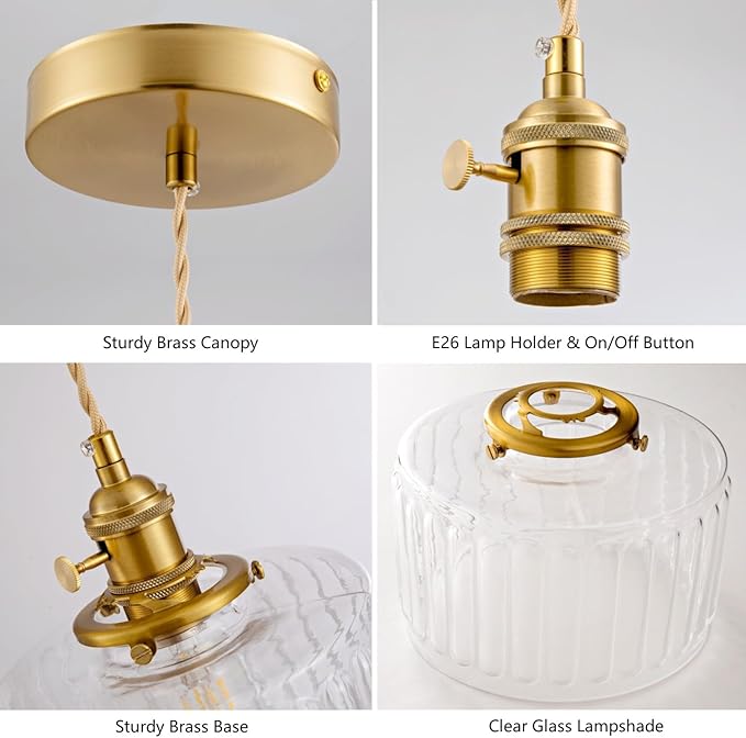Glass Pendant Light, Vintage Brass Pendant Lighting Fixture Farmhouse Rustic Industrial Gold Hanging Lamp for Kitchen Island Dining Room Bedroom