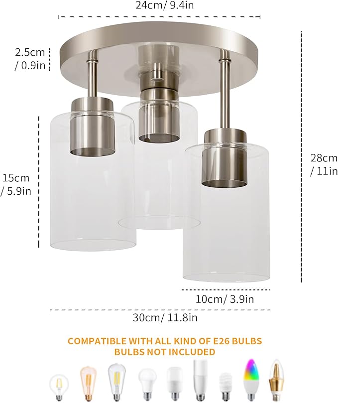 Semi Flush Mount Ceiling Light 3-Light Brushed Nickel Flush Mount Ceiling Light Fixtures with Clear Glass Shade, Modern Kitchen Ceiling Light for Bedroom Stairs Porch Hallway Entryway