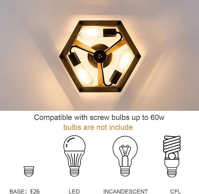 Dijiahua 3-Light Rustic Farmhouse Wood Flush Mount Ceiling Light Fixture, Black Semi Flush Mount Ceiling Lighting with Oak Wooden and Hexagonal Cage for Hallway Entryway Bedroom Kitchen