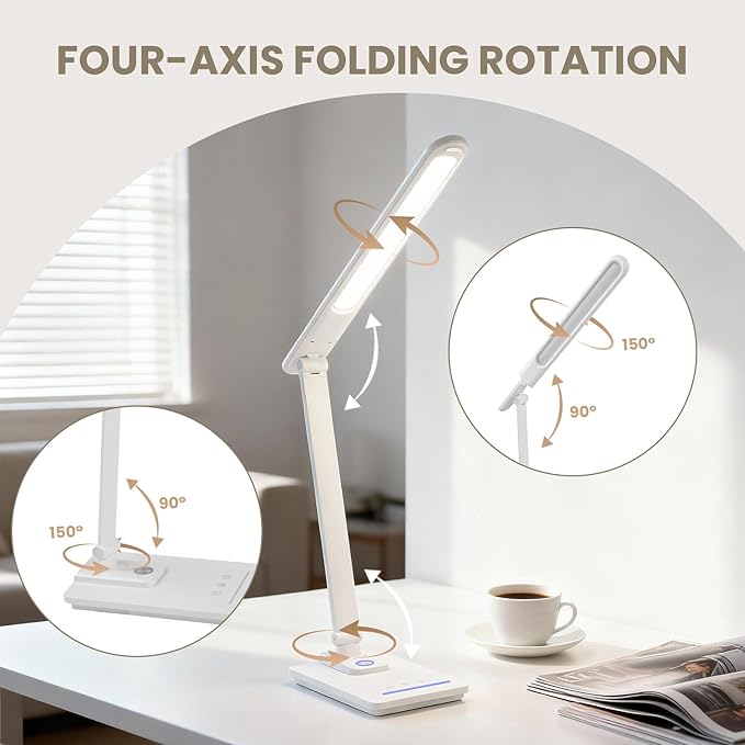 TECHNOVA LED Desk Lamp with 5 Color Temperatures | Sliding Stepless Dimming & One-Touch Timer | Foldable & Portable Design for Office/Study/Nail Art | Four-Axis Rotation for Small Desks