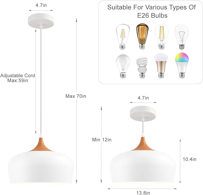 Large 13.8 in Modern Wood Pendant Light Fixtures,Adjustable White Pendant Lighting Fixture,Dome Ceiling Hanging Lights for Kitchen Island, Dining Room