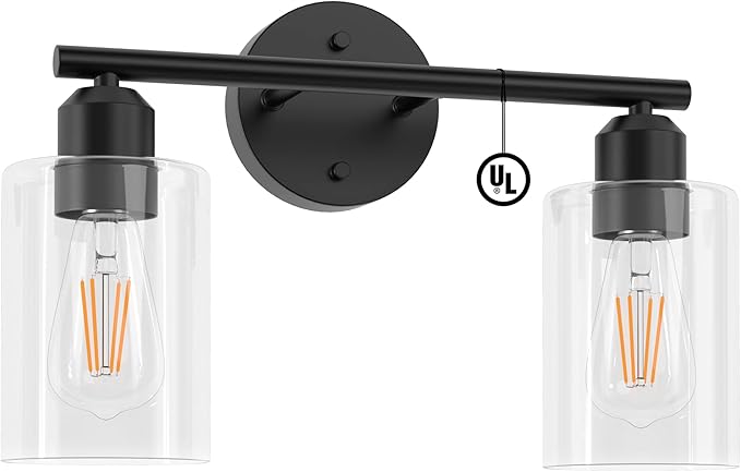 Espird Bathroom Vanity Light Black 2 Light Rustic Bathroom Vanity Lights Over Mirror, UL Listed Modern Industrial Wall Sconces Lamp with Cylinder Glass Shade, Light Fixture for Bathroom E26 Socket