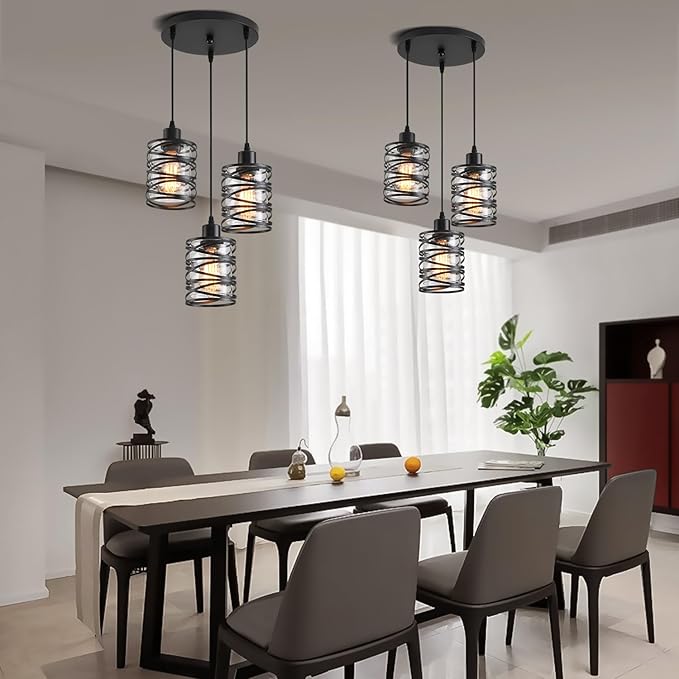 3 Light Pendant Lights Kitchen Island Black Pendant Light Fixtures Spiral Iron Kitchen Island Lighting with Clear Glass Shade Adjustable Hanging Light Fixtures