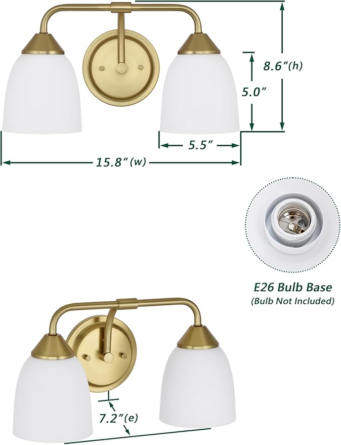 Gold 2-Light Traditional Bathroom Vanity Light Fixtures Over Mirror, Modern Vanity Lights for Living Room, Standard E26 Base, Aged Brass