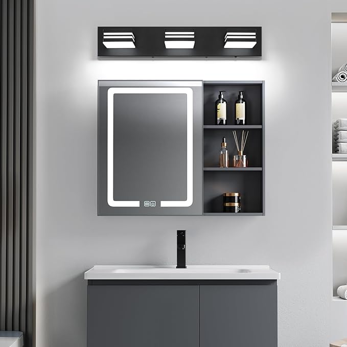 LED Modern Bathroom Vanity Light Fixtures (3-Light, 24-Inch), Matte Black Modern Bathroom Wall Lighting Fixtures Over Mirror (Cool White 6000K)