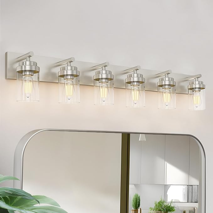 IZORRO Bathroom Vanity Light Fixture, 6-Light 46 Inch Brushed Nickel Bathroom Light Fixtures Over Mirror, with Clear Glass Shade, Modern Farmhouse Vanity Lights, Rustic Restroom Lighting Fixtures