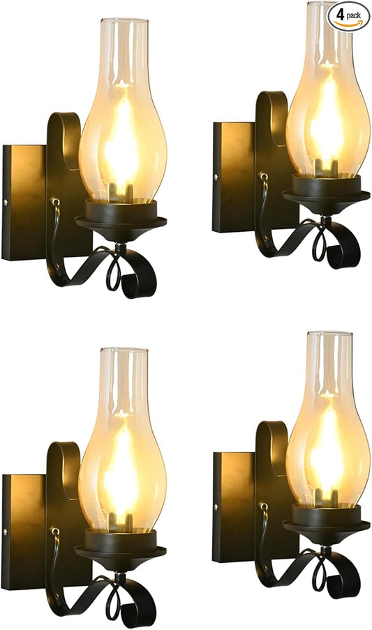 4 Pack Rustic Wall Sconces, Black Hardwired Farmhouse Industrial Wall Sconce Indoor Retro Wall Lamps with Amber Glass, Vintage Bathroom Sconces Wall Lighting Lantern