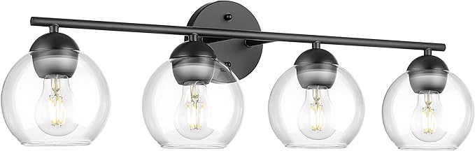 Emak 29 Inch Black Bathroom Light Fixtures, 4-Light Vanity Light with Clear Glass Shade, Globe Vanity Lights for Bathroom, VL114-BKL-4