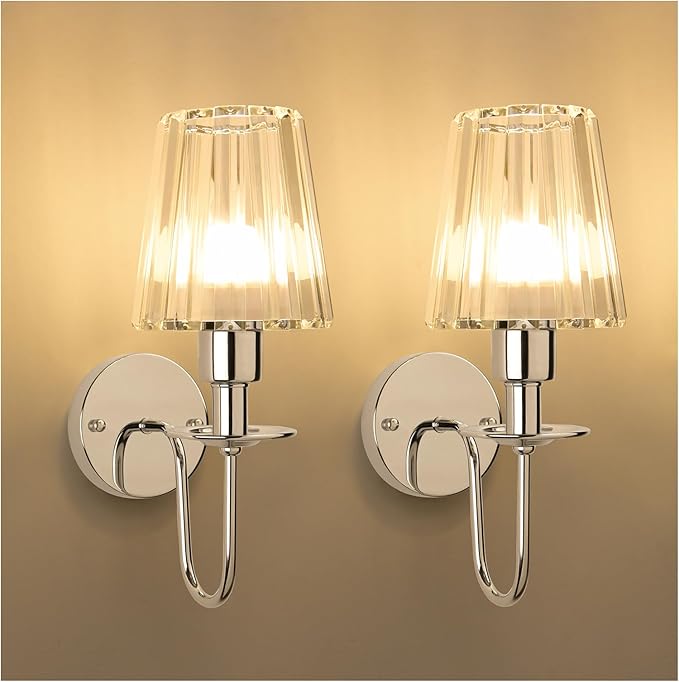Battery Operated Wall Sconces Set of 2 – 5200mAh Rechargeable Crystal Glass, 15 Colors & 10-Level Dimmable, Wireless Wall Lights for Living Room & Bedroom,Sliver