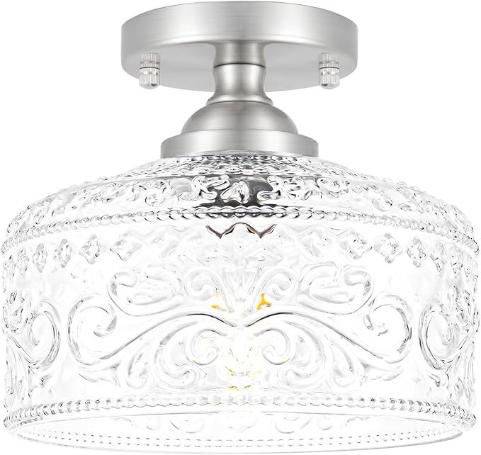 Brushed Nickel Semi Flush Mount Ceiling Light, Antique Ceiling Light with Glass, Indoor Close to Ceiling Light Fixture, Entryway Light Fixtures, Overhead Lighting Fixture for Hallway Kitchen Bedroom