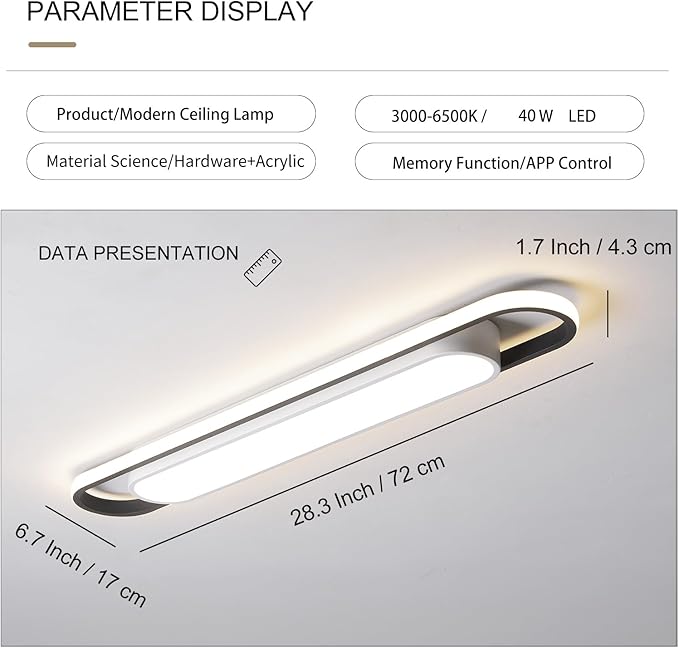 Modern LED Smart Ceiling Light,28.3" Flush Mount Ceiling Lamp, 40W Dimmable Linear Metal Chandelier Light Fittings for Kitchen Laundry Garage Dining Room Office Hallway Closet Aisle