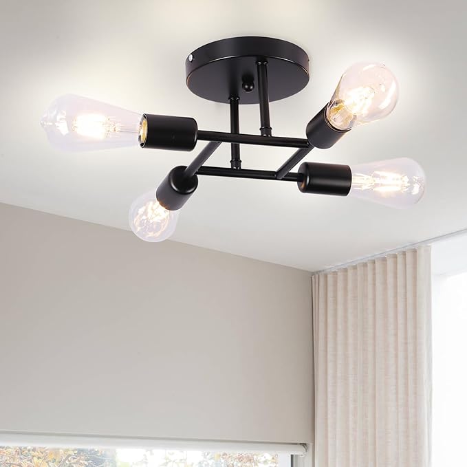 Finktonglan 4-Light Semi Flush Mount Ceiling Light, Matte Black Sputnik Ceiling Light Fixture, Modern Farmhouse E26 Chandelier for Kitchen, Dining Room, Bedroom, Hallway