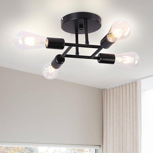 Finktonglan 4-Light Semi Flush Mount Ceiling Light, Matte Black Sputnik Ceiling Light Fixture, Modern Farmhouse E26 Chandelier for Kitchen, Dining Room, Bedroom, Hallway