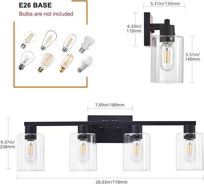4 Light Bathroom Light Fixtures Black, 28" Vanity Lights Rust Proof Moisture-proof Easy to Clean with Clear Glass for Living Room Cabinet Bedroom Porch for Bathroom Lighting Fixtures over Mirror