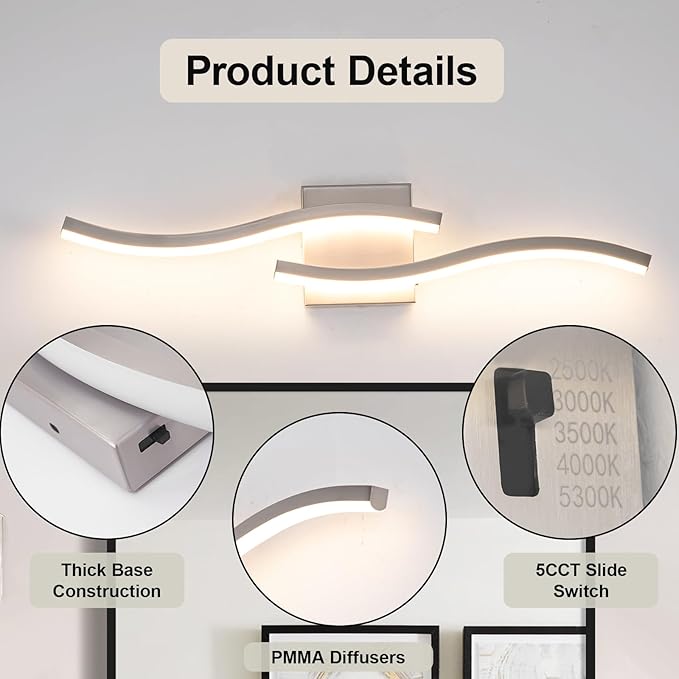 Brushed Nickel Curved Bathroom Vanity Light Fixture Over Mirror, 23.62 inch Modern LED Wall Lamp 5CCT Dimmable Bathroom Light Fixture Vanity Lighting Wall Sconces