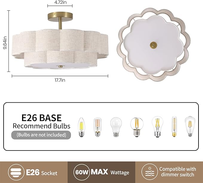 Modern Semi Flush Mount Ceiling Light ,17.7" Modern Gold Drum Ceiling Lighting Fixture with Linen Shade ,3-Light Vintage Lamp for Living Room, Bedroom, Kitchen, Dining Room, Hallway, Entryway