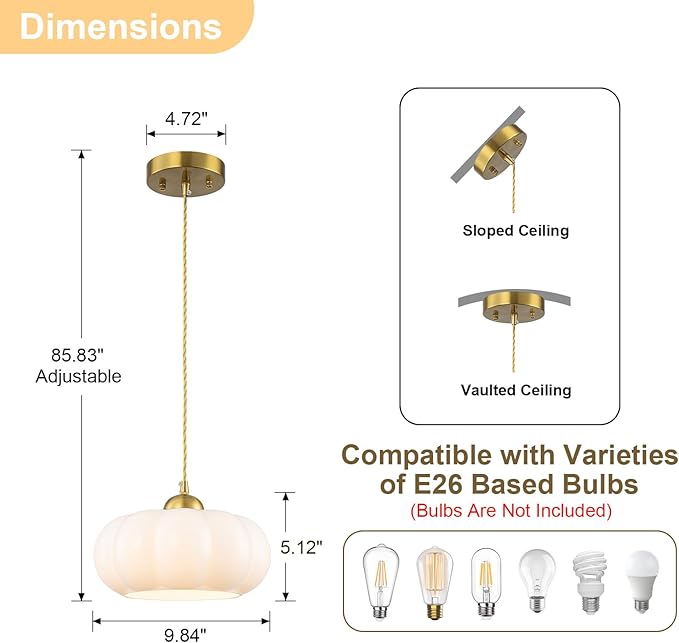 9.84" Mid-Century Modern Pendant Lights Kitchen Island,1-Light Brushed Gold Kitchen Light Fixtures with Opal Milky White Glass Shade,Dimmable Mini Hanging Light fixture for Bedroom,Hallway,Entryway