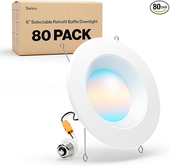 Sunco 80 Pack LED Recessed Lighting 6 Inch, Retrofit Can Lights, 965LM, 13W (100W Equivalent), Selectable CCT 2700K/3000K/3500K/4000K/5000K, Dimmable, Baffle Trim, Damp Rated UL