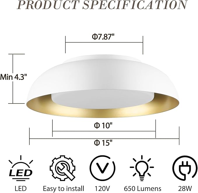 15in LED Flush Mount Ceiling Light, 28W Dimmable Ceiling Light Fixtures with Frosted Glass, White and Gold Finish Modern Ceiling Light for Bedroom Kitchen Living Room, 3CCT, OS-DY2001-WH