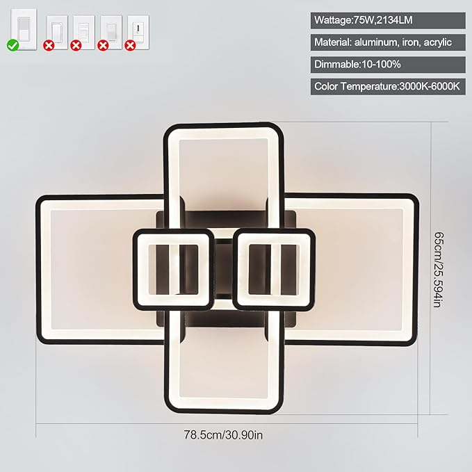 Modern Ceiling Lights 31" 75W, Dimmable Kitchen Lighting Fixtures Ceiling, 3000-6500K Light Fixture Ceiling Mount with Remote Control, Black Square LED Ceiling Light for Bedroom