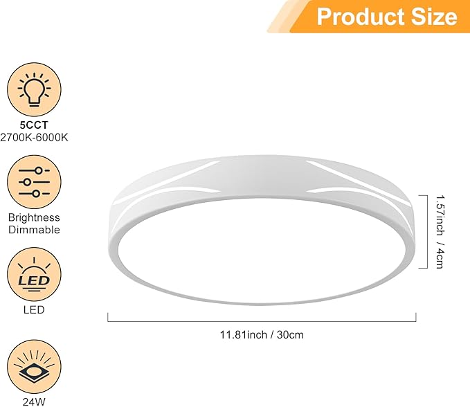 Modern Dimmable LED Flush Mount Ceiling Light, 2700K-6000K Selectable Round Close to Ceiling Lighting Fixtures, Metal Minimalist White Ceiling Lamp for Bedroom, Kitchen, Hallway, Laundry Room