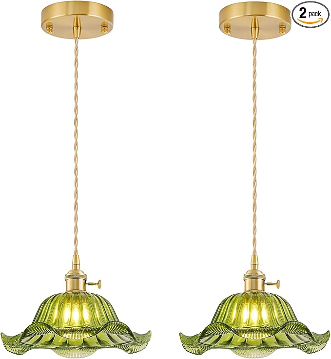 Vintage Pendant Lights Kitchen Island 2 Pack, Adjustable Pendant Light Fixtures with Green Lily Glass Lampshade, Gold Kitchen Pendant Lighting Over Island, Pendant Light for Dining Room Hallway