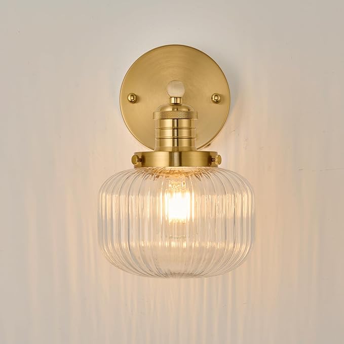 TERLEENART Hard Wired Vintage Wall Sconce with Clear Ribbed Glass Shade,Indoor 1-Light Wall Mounted Lamp for Bedroom Living Room Bathroom Hallway