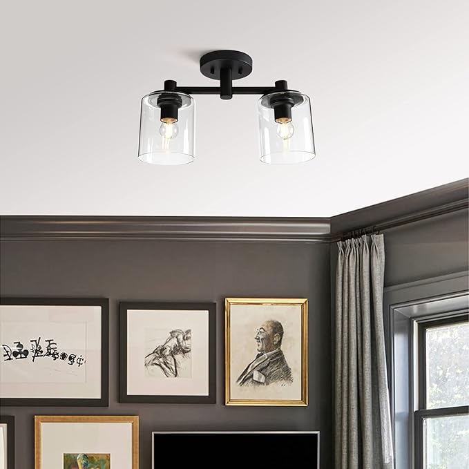 Pathson 2-Light Semi Flush Mount Ceiling Light, Industrial Pendant Lighting Fixture with Glass Shade, Ceiling Chandelier Lamp for Hallway Loft Kitchen Bar