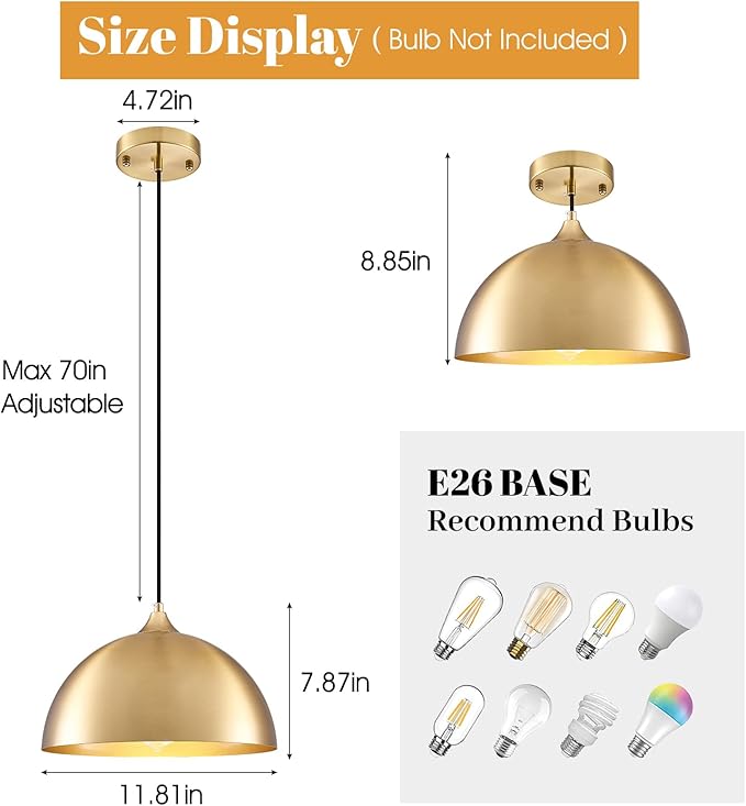 Gold Pendant Light 2 Pack, 11.8" Modern Pendant Lights Kitchen Island Adjustable Height, Farmhouse Dome Hanging Light for Dining Room Bar