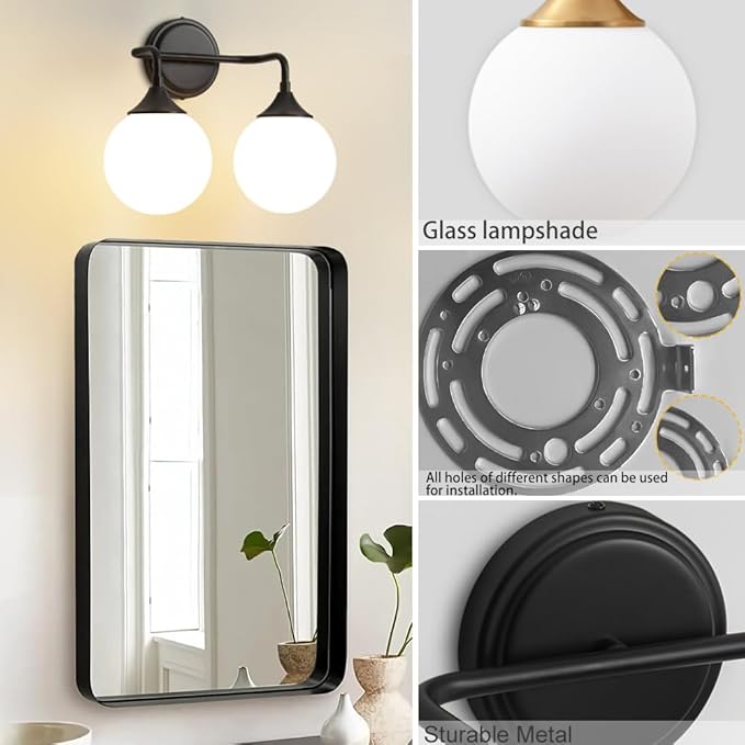 Black Bathroom Light Fixtures, Modern Vanity Lighting Over Mirror, Mid Century Modern Matte Black Wall Sconce 2-Light with Milky White Glass Ball Shades