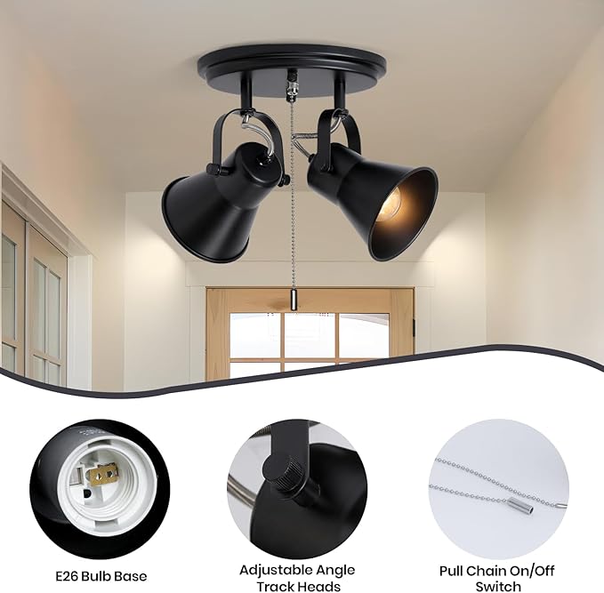 SEEBLEN 2-Light Black Track Lighting with Pull Chain, Industrial Adjustable Pull Chain Light Fixture Round Ceiling Light, Modern Flush Mount for Kitchen, Hallway, Dining Room