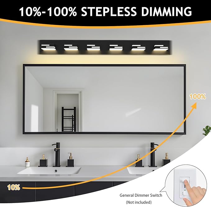 LED Modern Bathroom Vanity Light Fixtures 6-Light 40-inch 5CCT Dimmable Matte Black Vanity Lights for Bathroom Lighting Fixtures Over Mirror, with 360° Rotatable Acrylic Heads