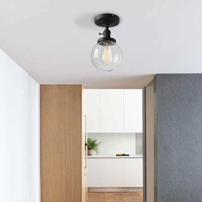 PERMO Modern Semi Flush Mount Ceiling Light with Globe Clear Glass Shade 1 Light Industrial Light Fixtures for Hallway, Bathroom, Farmhouse, Entryway(Black)