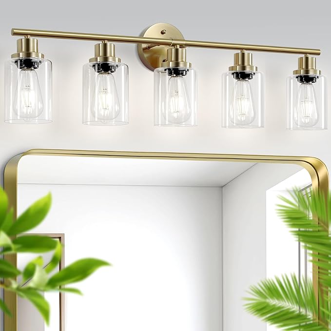 5-Light Bathroom Vanity Lights, E26 Modern Brushed Gold Bathroom Light Fixtures with Clear Glass Shade, Mirror Kitchen Hallway Cabinet Living Room Sconces Wall Lights
