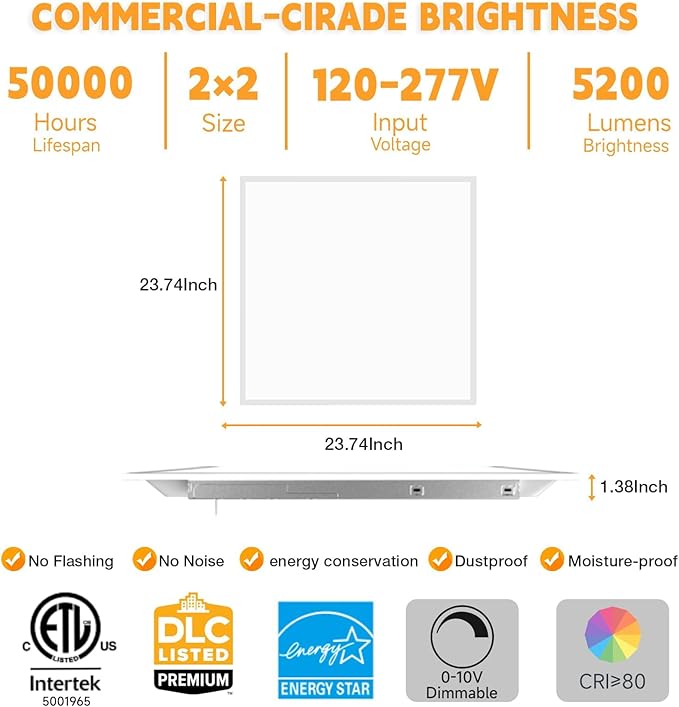 OKQ 2x2 LED Flat Panel Light Drop Ceiling Office Fixture,5 CCT 3000K-6500K Adjustable & 5 Wattage Selectable, 0-10V Dimmable, 2X2 LED Flush Mount Ceiling Light,ETL Listed 40Pack
