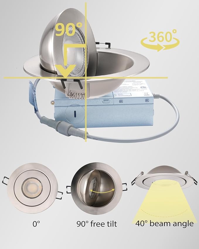 POPANU 4-inch Gimbal LED Recessed - 4 in Lighting 6Pack Canless Brushed Nickel Trim 90° Tilt Swivel LED Eyeball Wafer Slope Ceiling Adjustable Spotlight Dimmable Brushed Nickel 4 inch 6 Pack