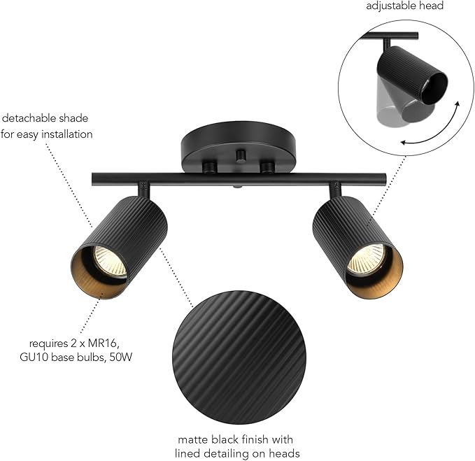 Globe Electric 64000114 2-Light Track Lighting Spotlight, Matte Black Finish, Ribbed Shades, Adjustable Heads, Compact 12-Inch Fixture, GU10 Base, Easy Installation