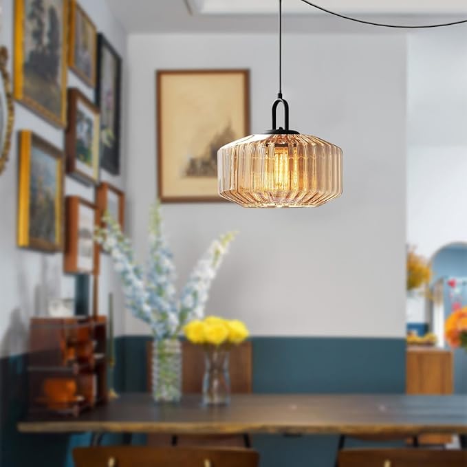 Amber Plug in Pendant Light, Hanging Lamps for Living Room Plug in Glass Globe Pendant Light, Modern Plug in Cord Pendant Hanging Light with 14.7 ft Cord On/Off Switch Striped Glass Shade