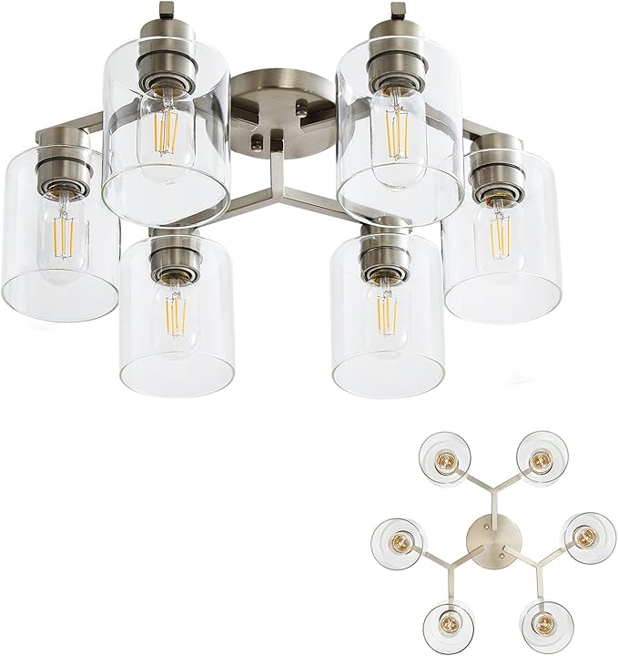 6 Light Semi Flush Mount Ceiling Light Modern Brushed Nickel Ceiling Light Fixtures Kitchen Lighting Fixtures Cieling with Clear Glass Shade for Kitchen Bedroom Living Room Dining Room