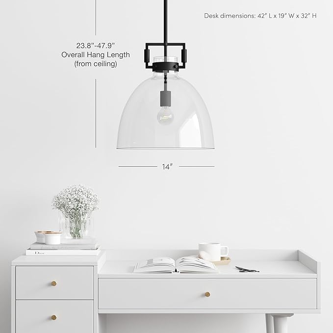 Nathan James Leigh Pendant Lighting, Black Hanging Ceiling Light with Oversized Glass Shade and Adjustable Cord, for Kitchen Island or Entryway, Matte Black/Clear, Set of 2