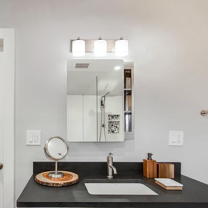 mirrea 22-inch 3-Light Brushed Nickel Vanity Light Fixture for Mirror, Bathroom Wall Sconce with Frosted White Glass Shades