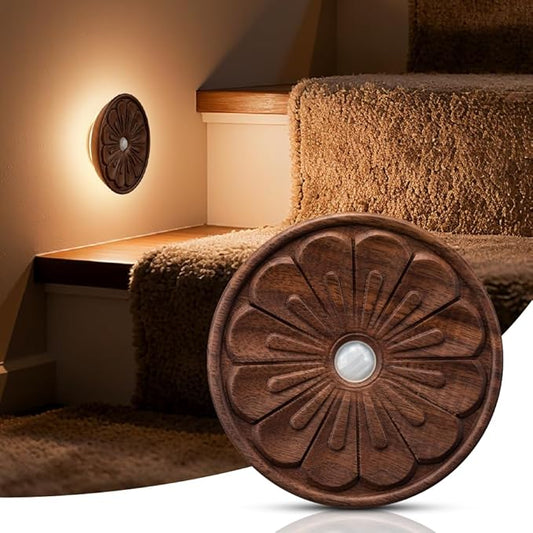 Wood Flower Motion Sensor Night Light, Mini Lamp with Embossed 3D Floral Surface, Rechargeable Warm Light, Stick-On Magnetic Mount for Home Decor, Bedroom, Hallway, Stair (Round Black Walnut *1Pack)