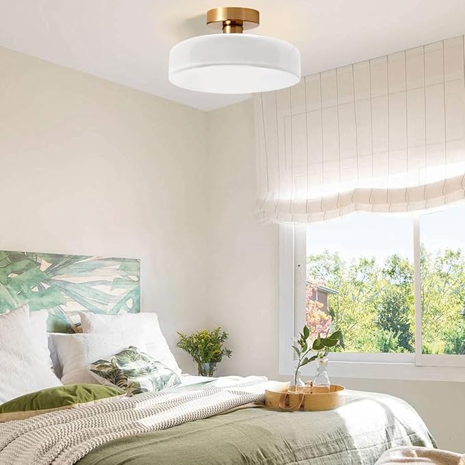 Mid Century Modern Ceiling Light 13.8" Brushed Brass White Milk Glass Shade 1-Light Gold Flush Mount Ceiling Lights Vintage Close to Lights for Hallway Bedroom Kitchen Sink Living Room