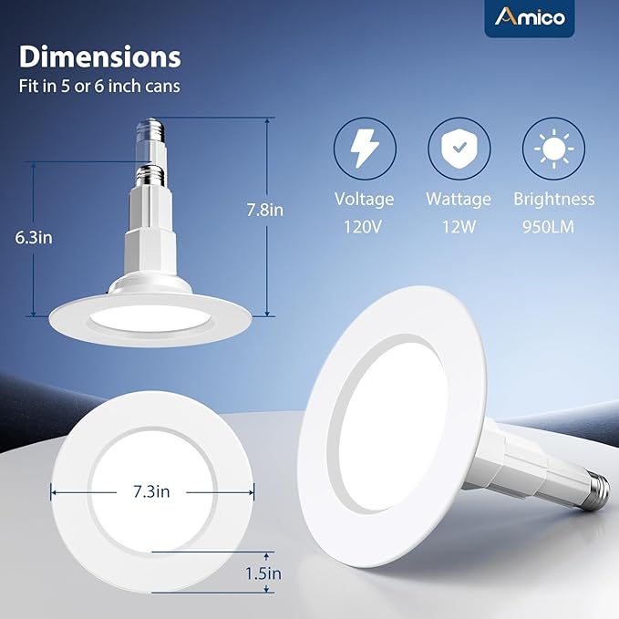 Amico 5/6 inch 5CCT LED Recessed Lighting 4 Pack, 12W=100W, 950LM Adjustable Can Lights, 2700K/3000K/4000K/5000K/6000K Selectable, Dimmable, IC & Damp Rated, Retrofit Installation - ETL & FCC