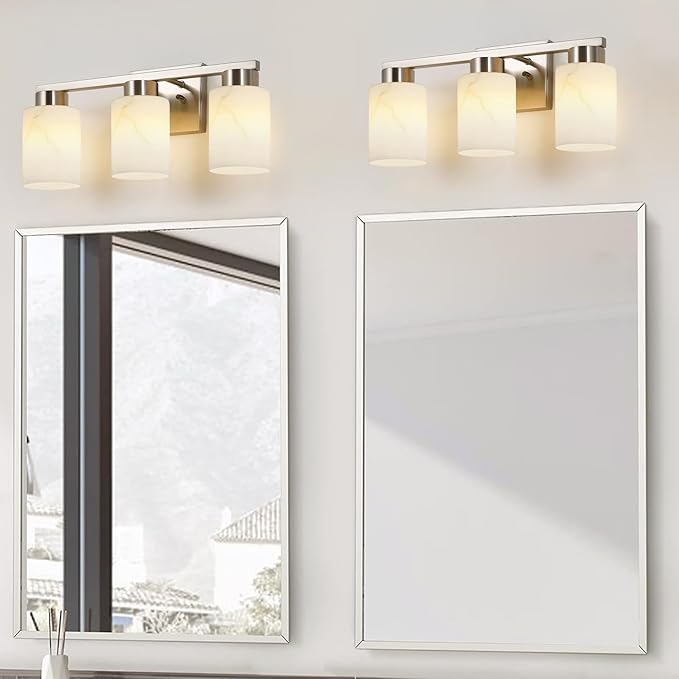 3-Light Bathroom Light Fixtures, Modern Vanity Lights, Brushed Nickel Metal Wall Lamp with White Marble Glass for Bathroom, Mirror, Living Room, Bedroom, Cabinet, Porch, Hallway, E26 Base