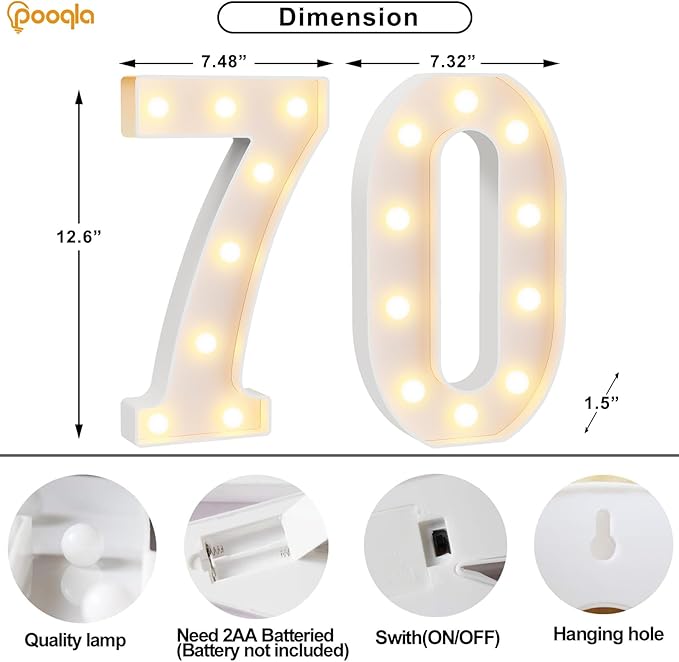Pooqla 70th Birthday Decorations for Women Men, Large 12.6 in Tall Light Up Numbers for Party Decorations Table Decor, Big Marquee Numbers 70th Birthday Gift for Women Men Wedding Anniversary Decor
